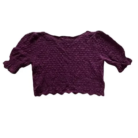 Natural Life NWT Maroon Crochet Knit Puff Sleeve Cropped Sweater | L - Picture 2 of 4